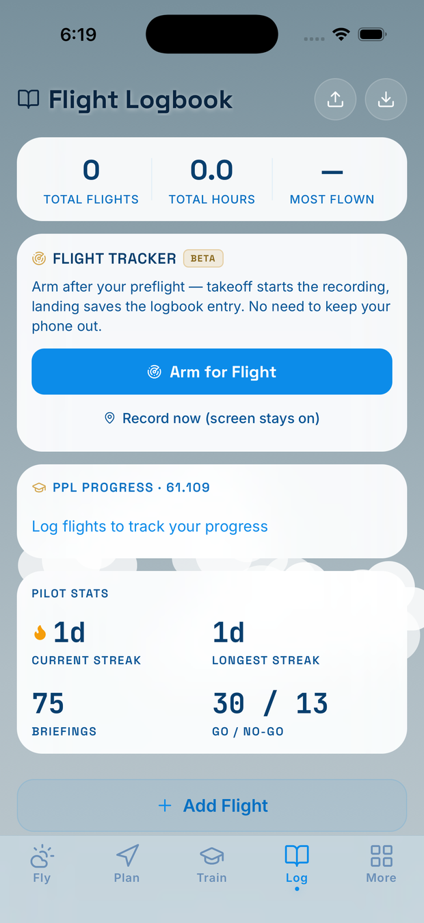SkyBrief flight logbook with flight tracker