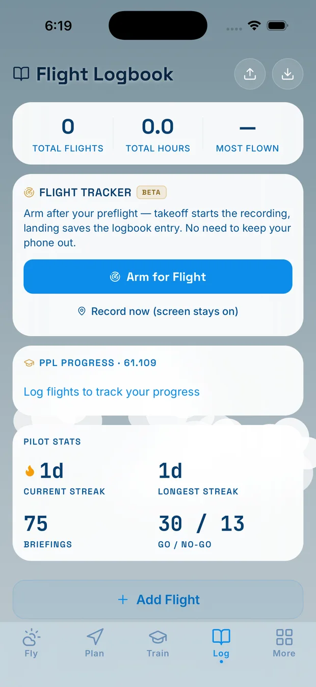 SkyBrief flight logbook with flight tracker